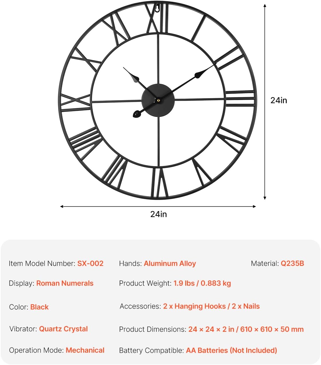 VEVOR Large Wall Clock, 24 in Wall Clock Roman Numerals, Battery Operated Non Ticking Classic Decorative Round Clocks