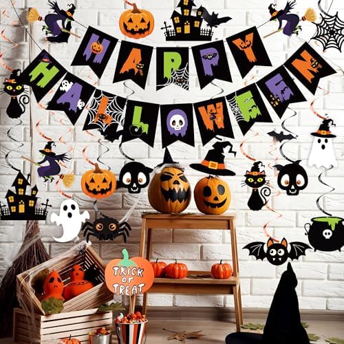 Halloween Party Decorations Happy Halloween Banner Ghost Pumpkin Witches Hanging Swirls Spooky Ceiling Hanging Streamers for Home Indoor Outdoor Halloweens Theme Party Decorations