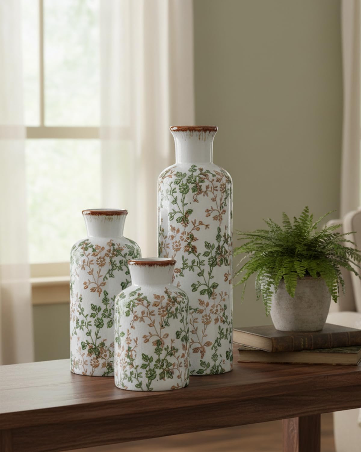 Ceramic Vase / Vintage Ceramic Flower Vases / Green & Brown01 / Set of 3