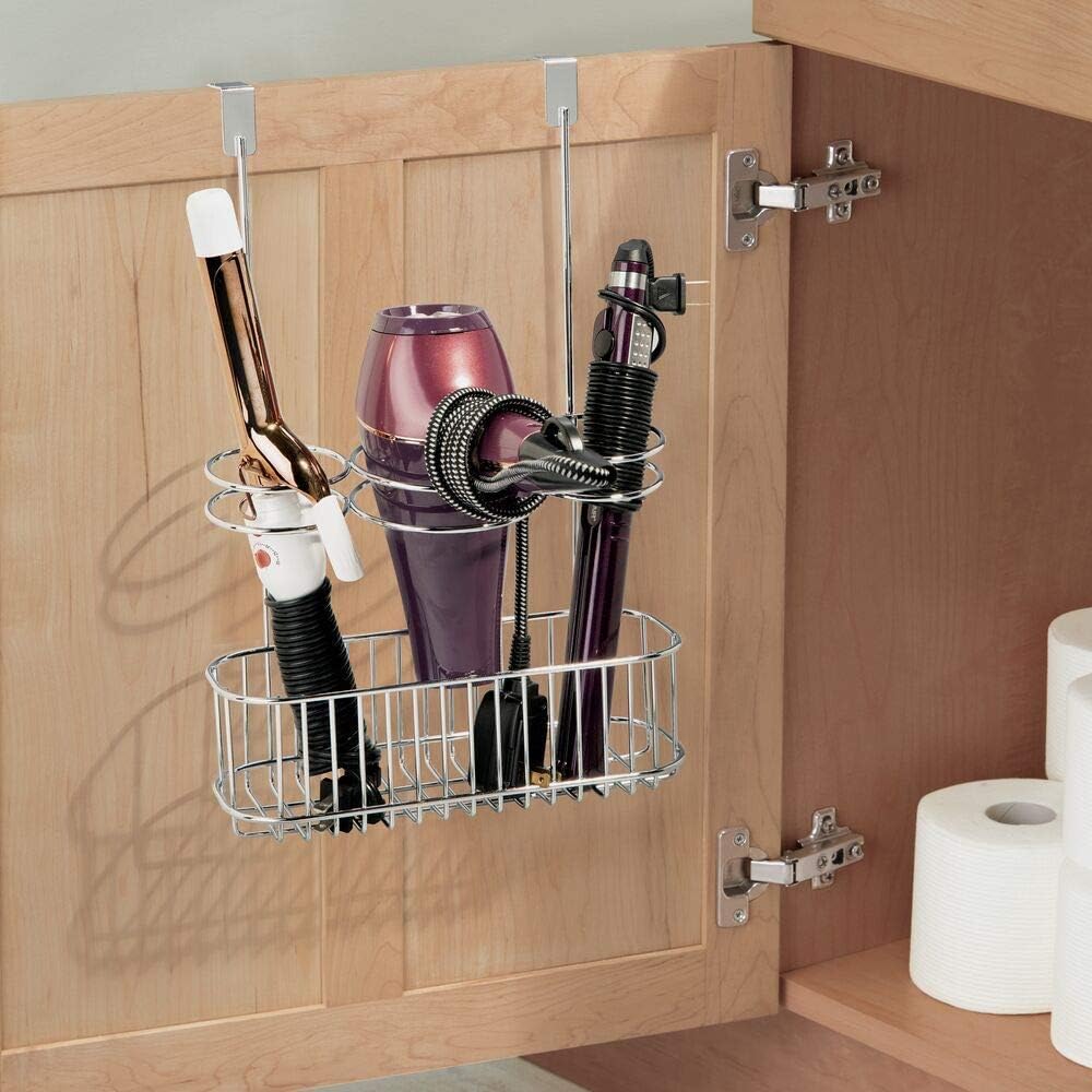 mDesign Over-Cabinet Hair Care Tools Holder for Hair Dryer, Flat Iron, Curling Wand, Straightener - Chrome