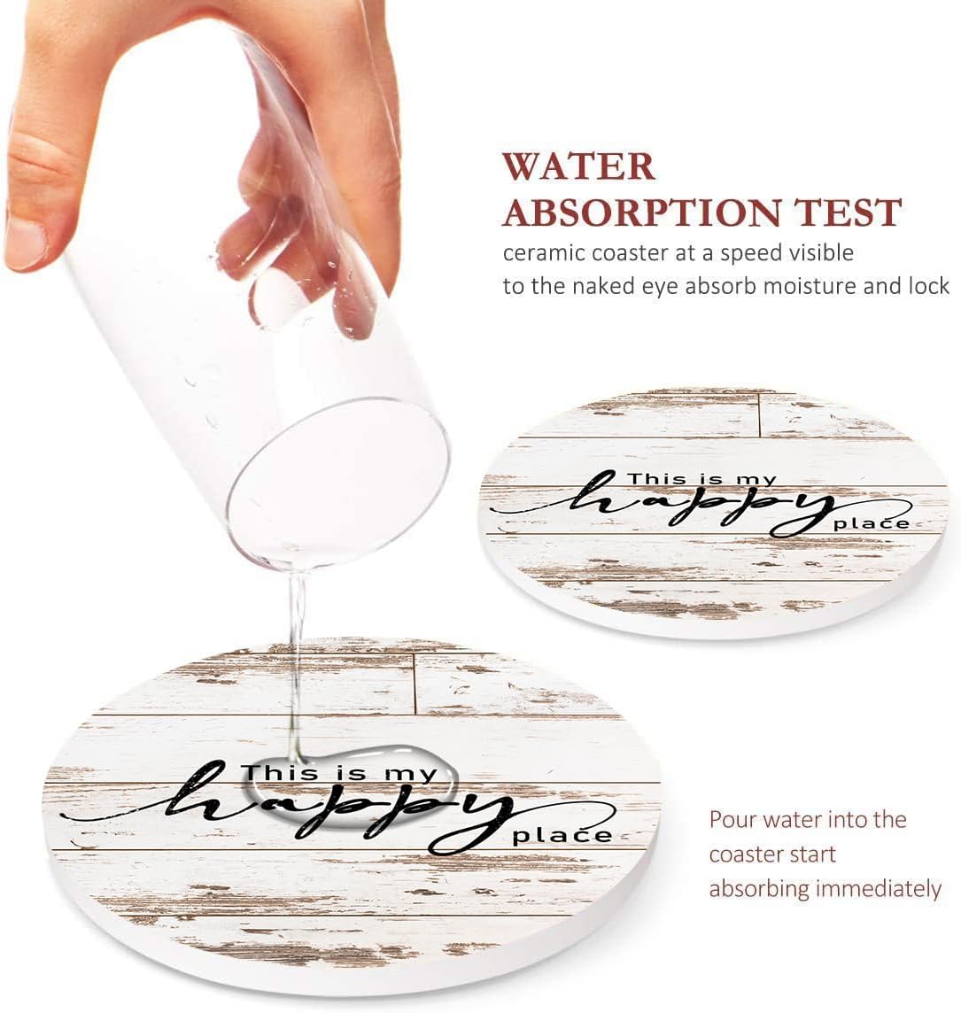 Vintage Farmhouse Home Happy Saying Absorbent Round Ceramic Stone Mat / Rusty Wood / Set of 6