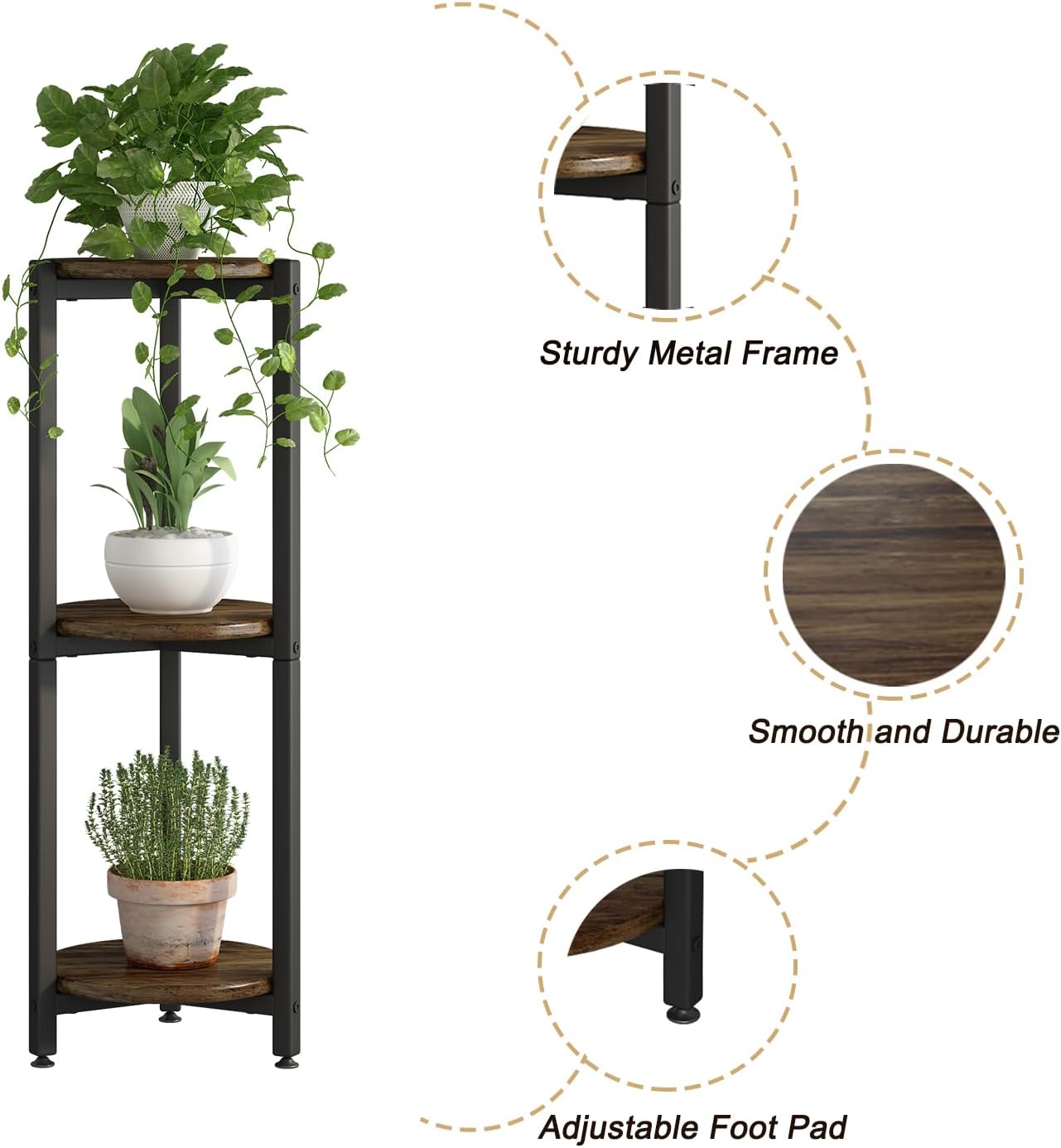 3 Tier Plant Stand Indoor Corner Tall Round Shape Plant Shelf | Modern Metal MDF board Flower Storage,Suitable tight