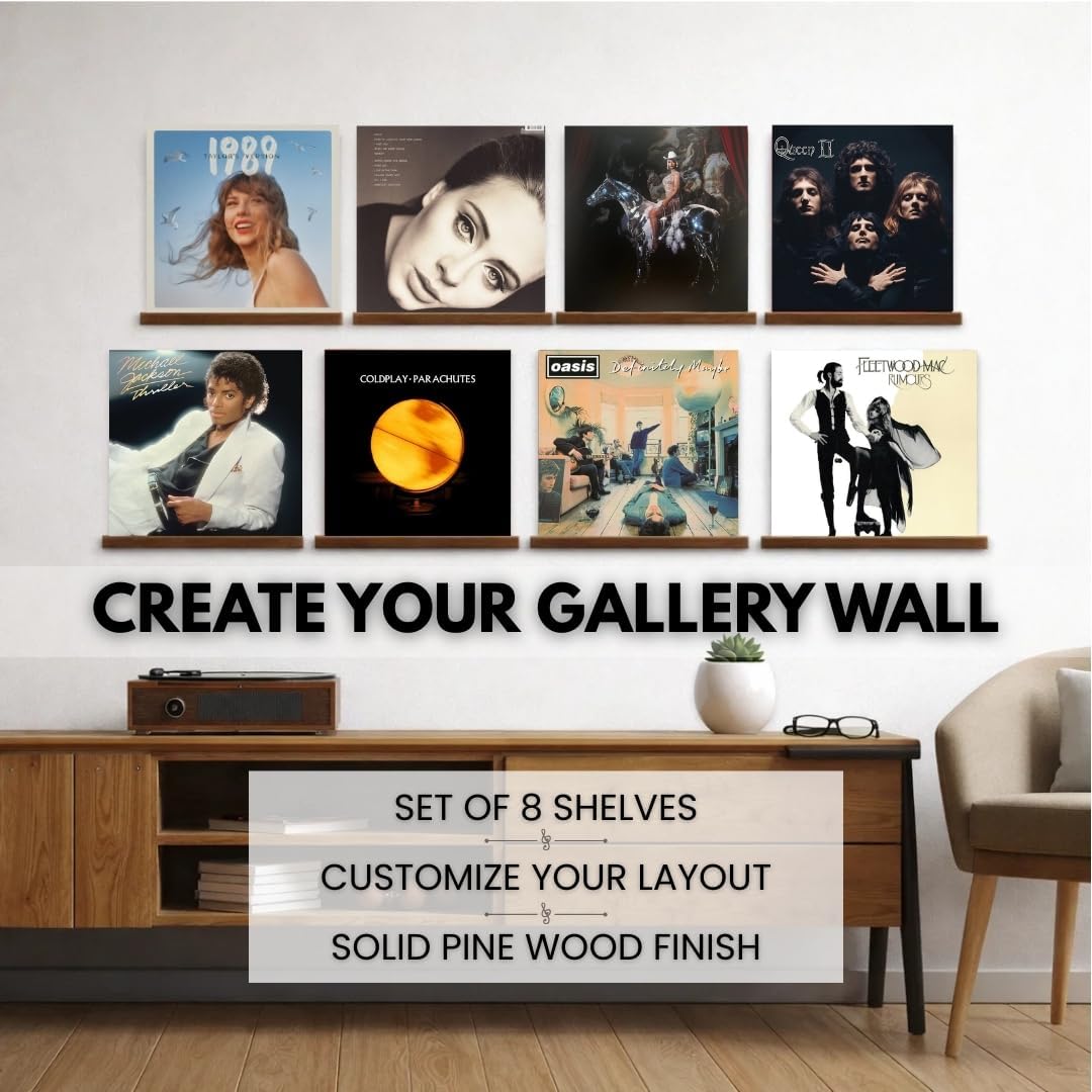 Vinyl Record Display Shelf - Set of 8 Floating LP Album Shelves for Wall Display - Solid Pine Wood - Wall Mount