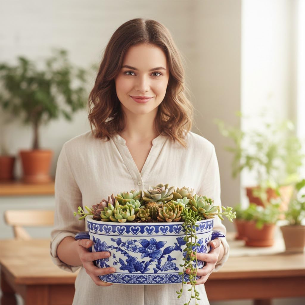 White Ceramic Planter Pot / 10.6 / Blue