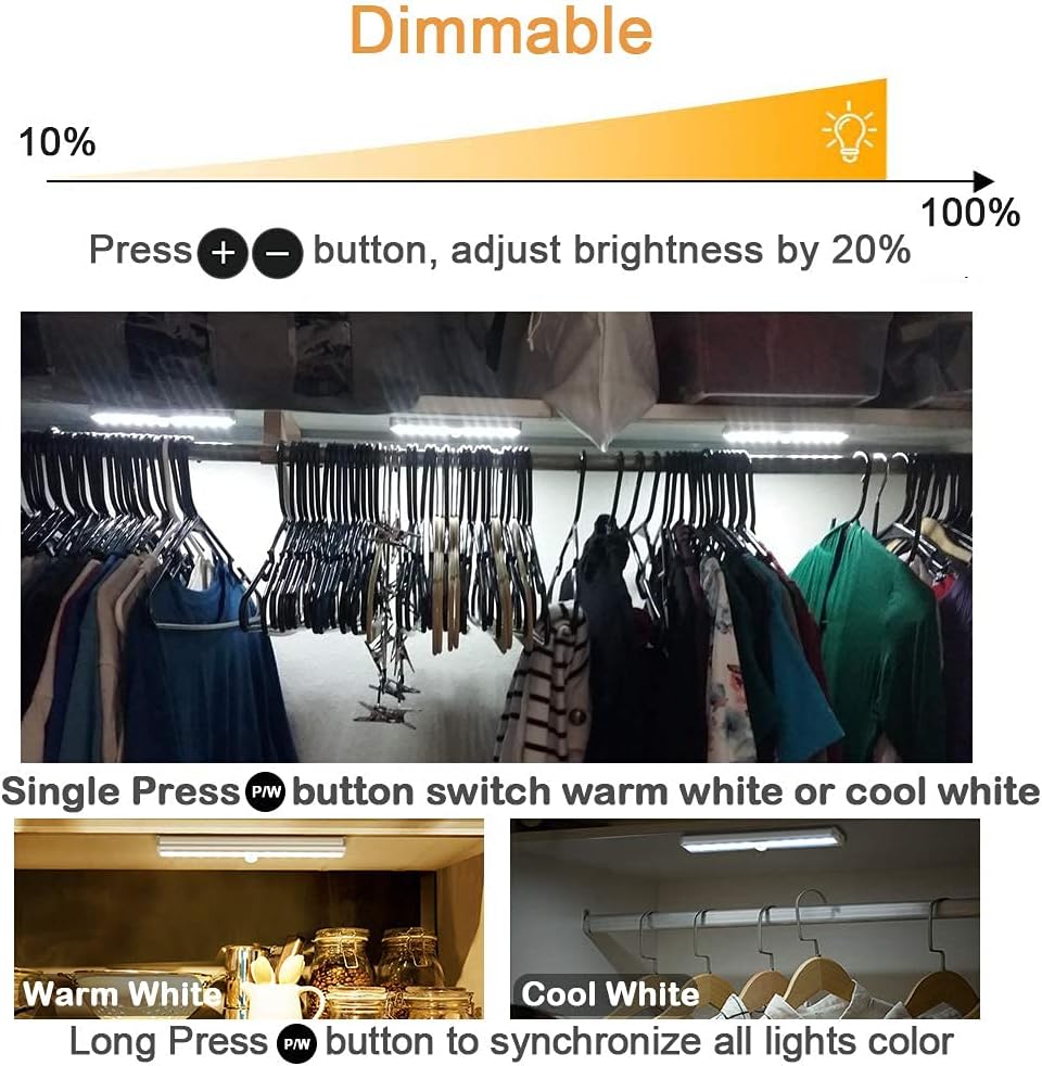 Remote Control Under Cabinet Lighting Wireless 6 Pack, 20-LED Dimmable Closet Lights Rechargeable Under Counter Light