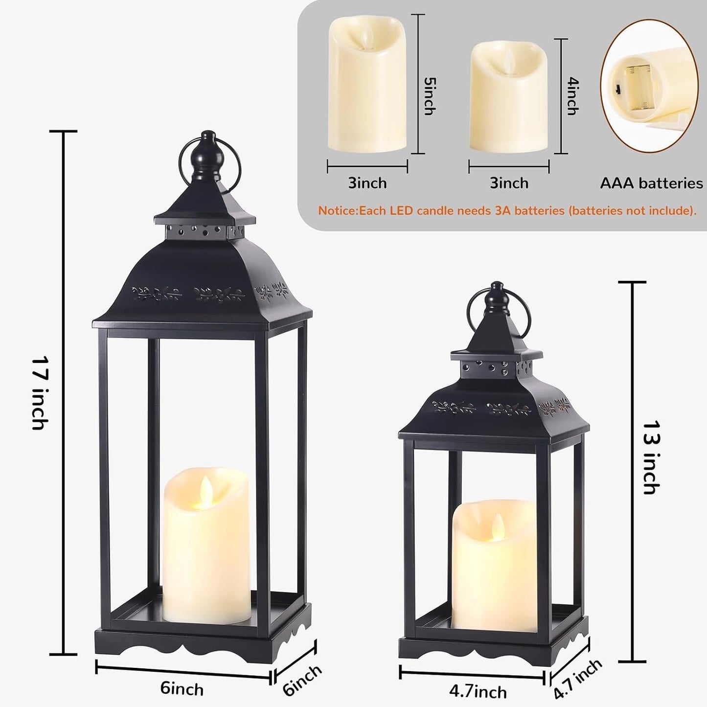 Decorative Candle Lanterns Set of 2, Black Metal for Indoor & Outdoor | Ideal For Porch, Entryway, Wedding & Christmas