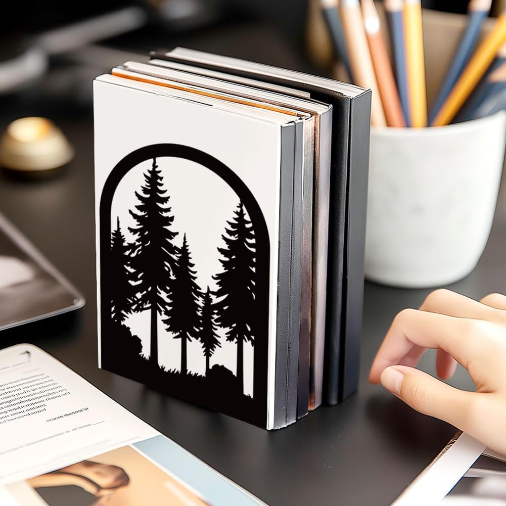 Pine Tree Metal Bookends for Desk / Forest / Black