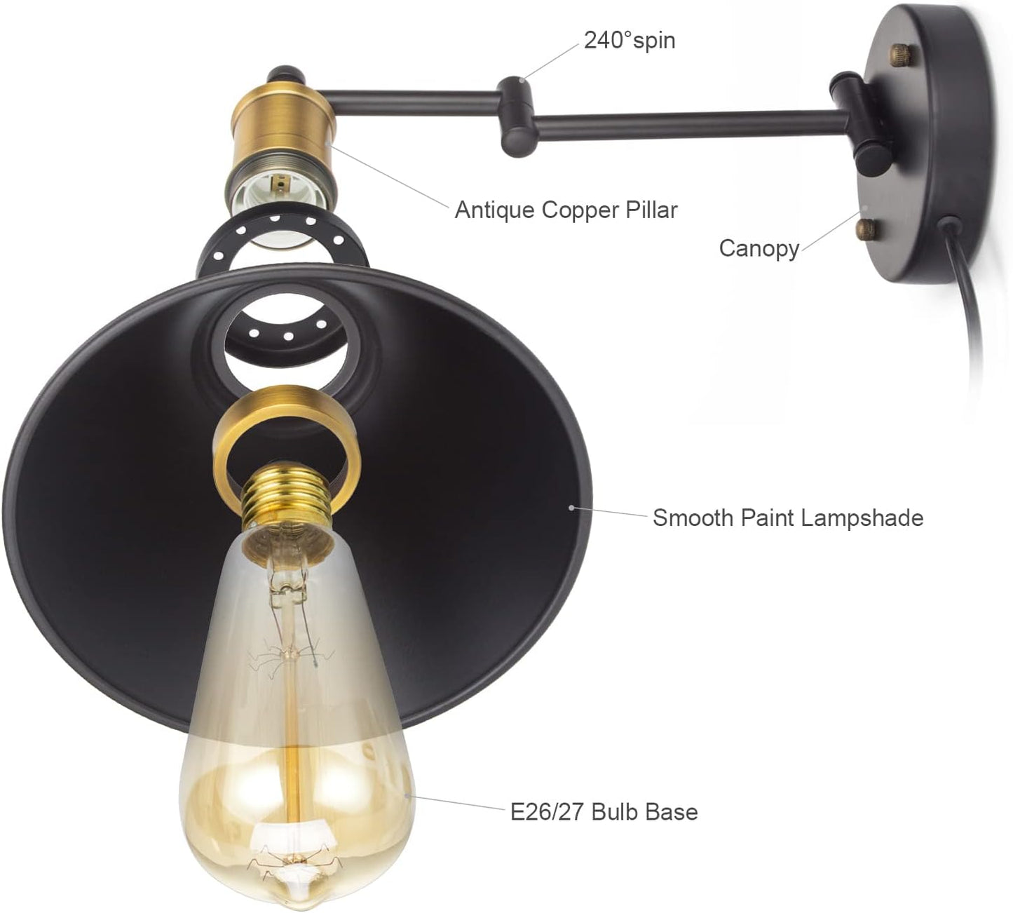 Swing Arm Wall Lamp Plug-in Cord Industrial Wall Sconce, Bronze and Black Finish,with On/Off Switch, E26 Base,1-Light