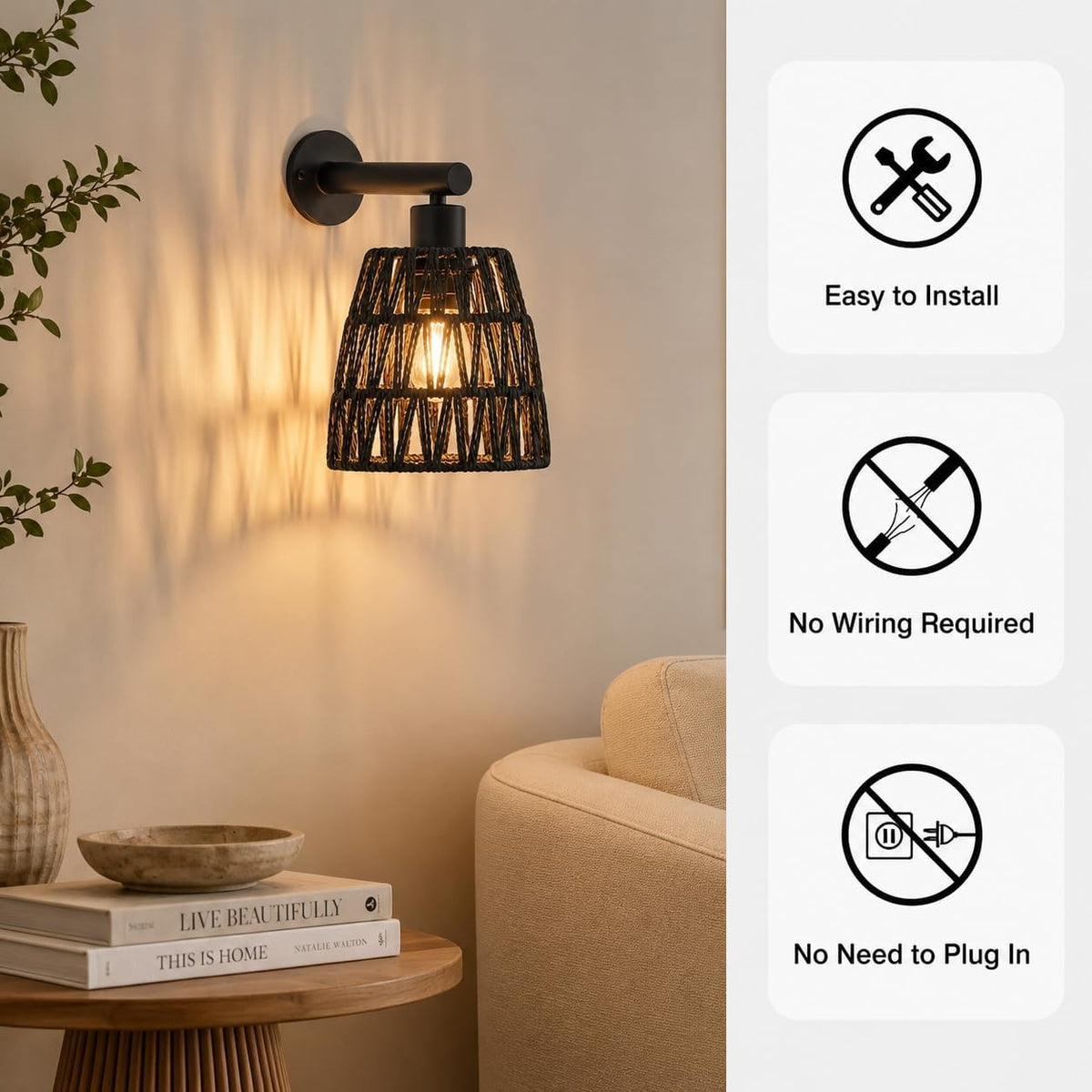 Black Battery Operated Wall Sconces Set of 2, Rattan Wall Sconces with Remote, RGB 15 Colors Dimmable Rechargeable Wall
