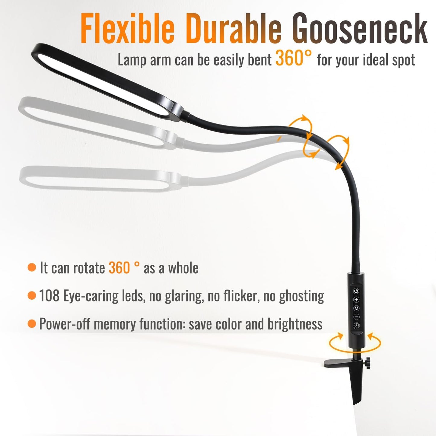 18W 3000LM LED Clamp Desk Lamp | CRI 95 Eye-Caring Light with Remote & Touch Control, 360 Flexible Gooseneck, 3 Color