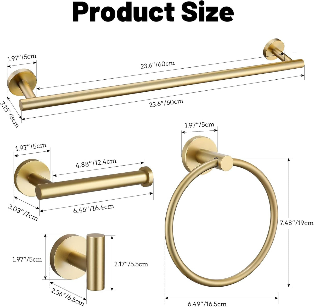 5 Pieces Brushed Gold Bathroom Hardware Accessories Set SUS304 Stainless Steel Gold Towel Bar Holder Set, 23.6Inch