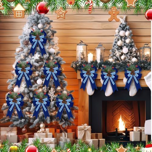 Moucuny 6 Pcs Christmas Velvet Bows Blue Plaid