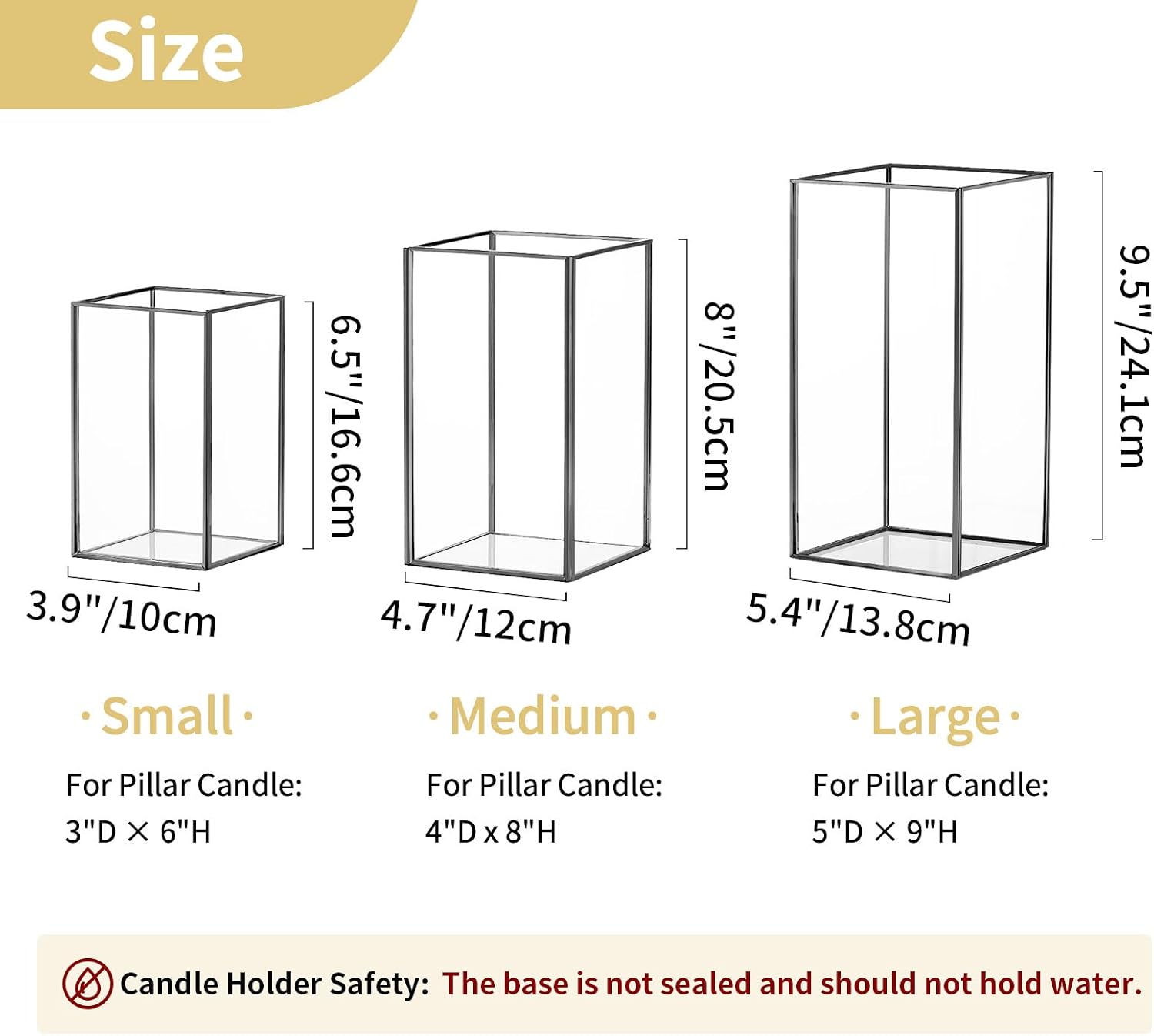 Nuptio Glass Hurricane Candle Holder for Pillar Candles 3 Pcs Black Metal Candle Holders Large Rectangular Candleholder
