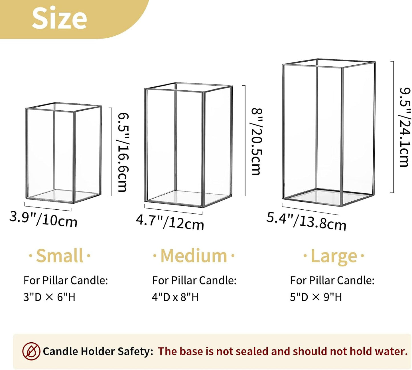 Nuptio Glass Candle Holders Hurricane Holder for Pillar Candles 6 Pcs Black Metal Candle Holders Large Rectangular