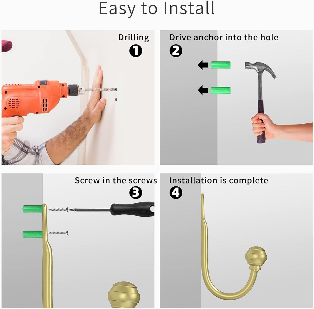 Hion Curtain Holdbacks Gold 6pcs, Curtain Tiebacks Wall Mounted Hooks | Curtain Holders for Drapes, One-Piece Metal