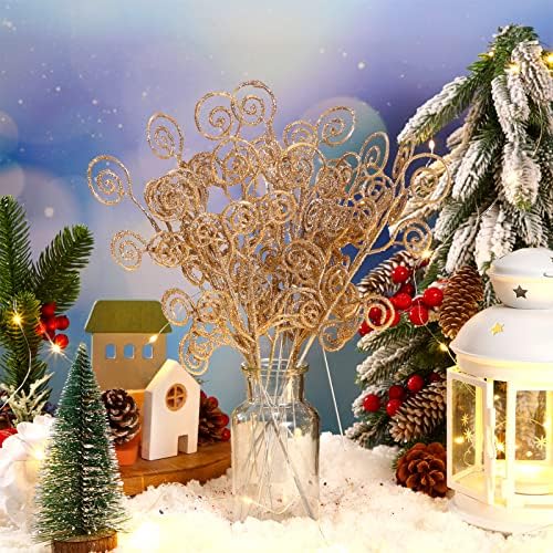Ysleen 50 Pcs Glitter Tree Picks and Sprays Twigs Branches, Champagne