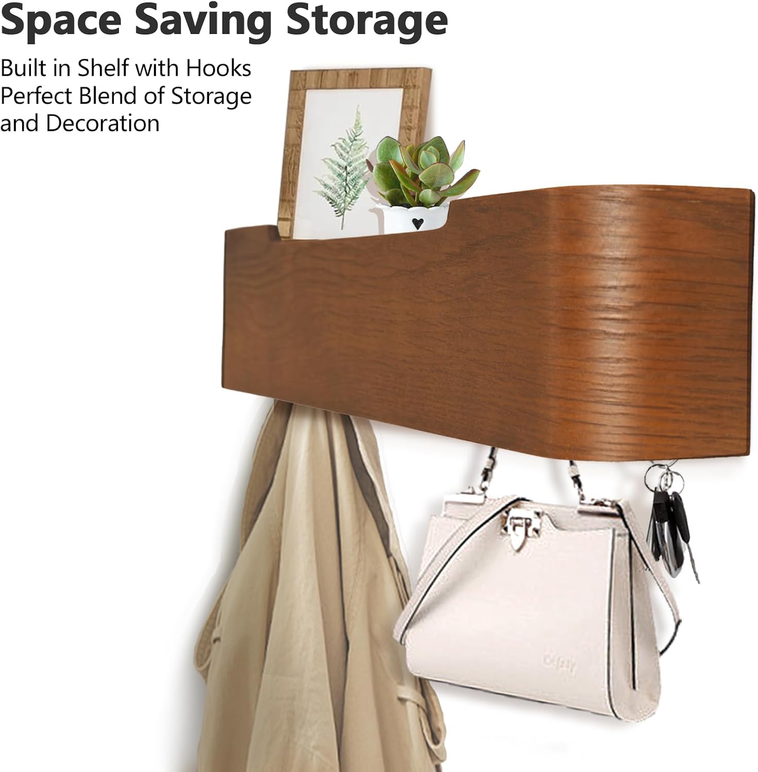 Coat Rack Wall Mount with Hidden Hooks Modern Key Holder Wood Entryway Hook with Shelf for Bedroom Kitchen Hallway