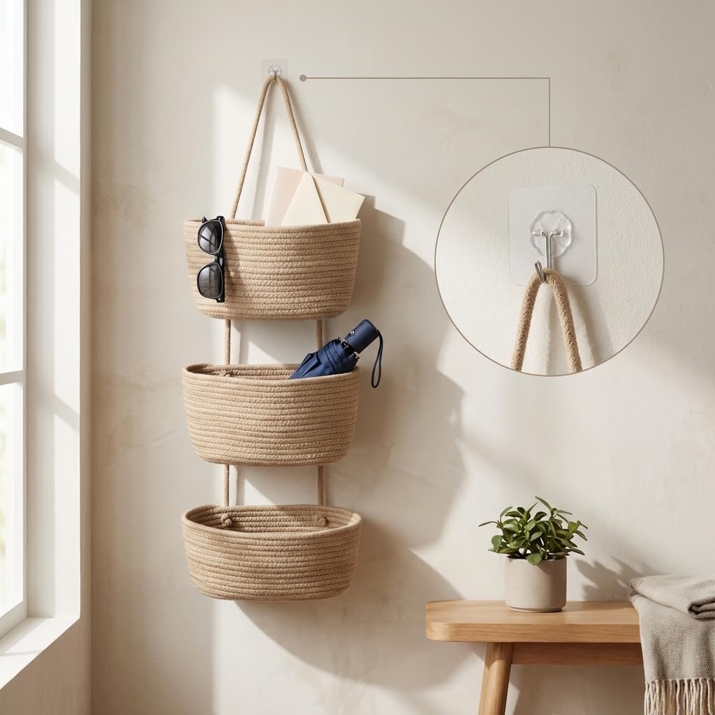 Hooks / Hanging Wall Basket / Jute