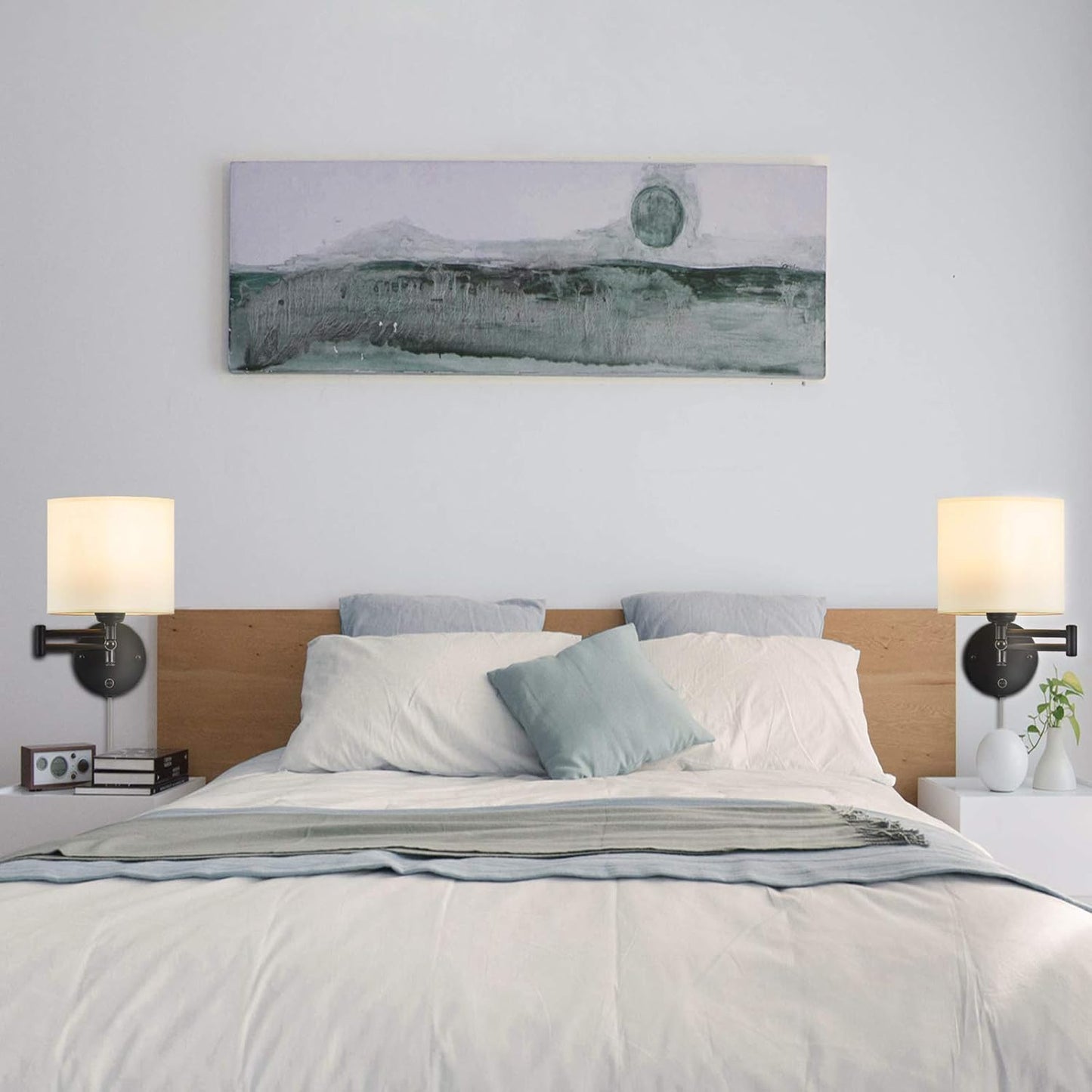 Swing Arm Wall Sconce 7" Shade Width Plug in Wall Mount Opaque Ivory Linen Shade 40W 2-Way Installation(1 Light)