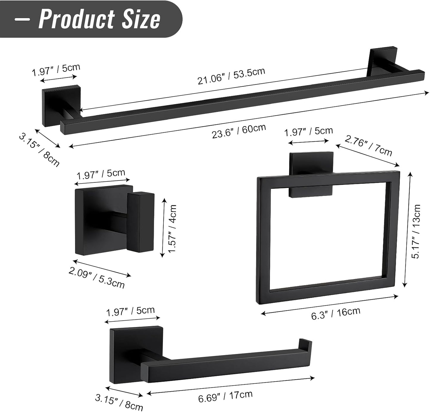 YACVCL Matte Black Towel Bar Set 10-Piece Bathroom Hardware Accessories Set,Black Bathroom Towel Holder Set 23.6 Inch