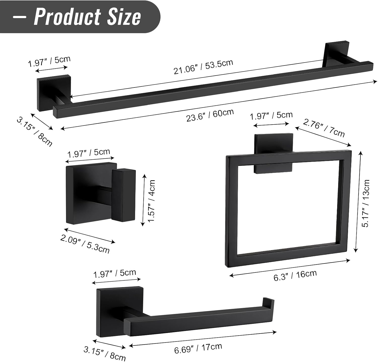 YACVCL Matte Black Towel Bar Set 10-Piece Bathroom Hardware Accessories Set,Black Bathroom Towel Holder Set 23.6 Inch