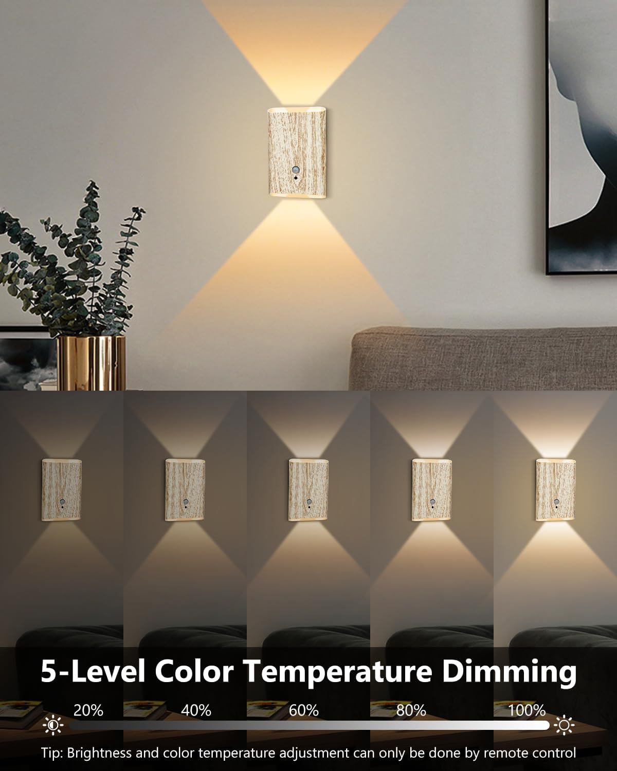 Rechargeable Motion Sensor Wall Sconce Set of 2 (Wood) | 5000mAh Battery Operated Wall Light Indoor, 3 Colors Up/Down