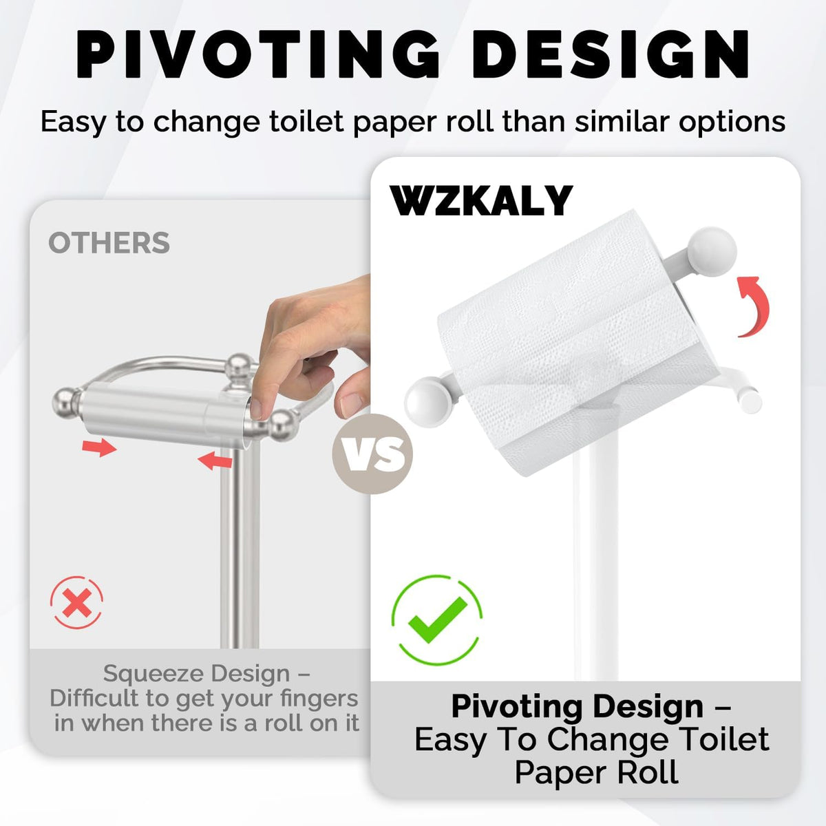 White Toilet Paper Holder Stand Stainless Steel & Weighted Base | Post Pivoting Design Easy to Change Roll, Mega Roll