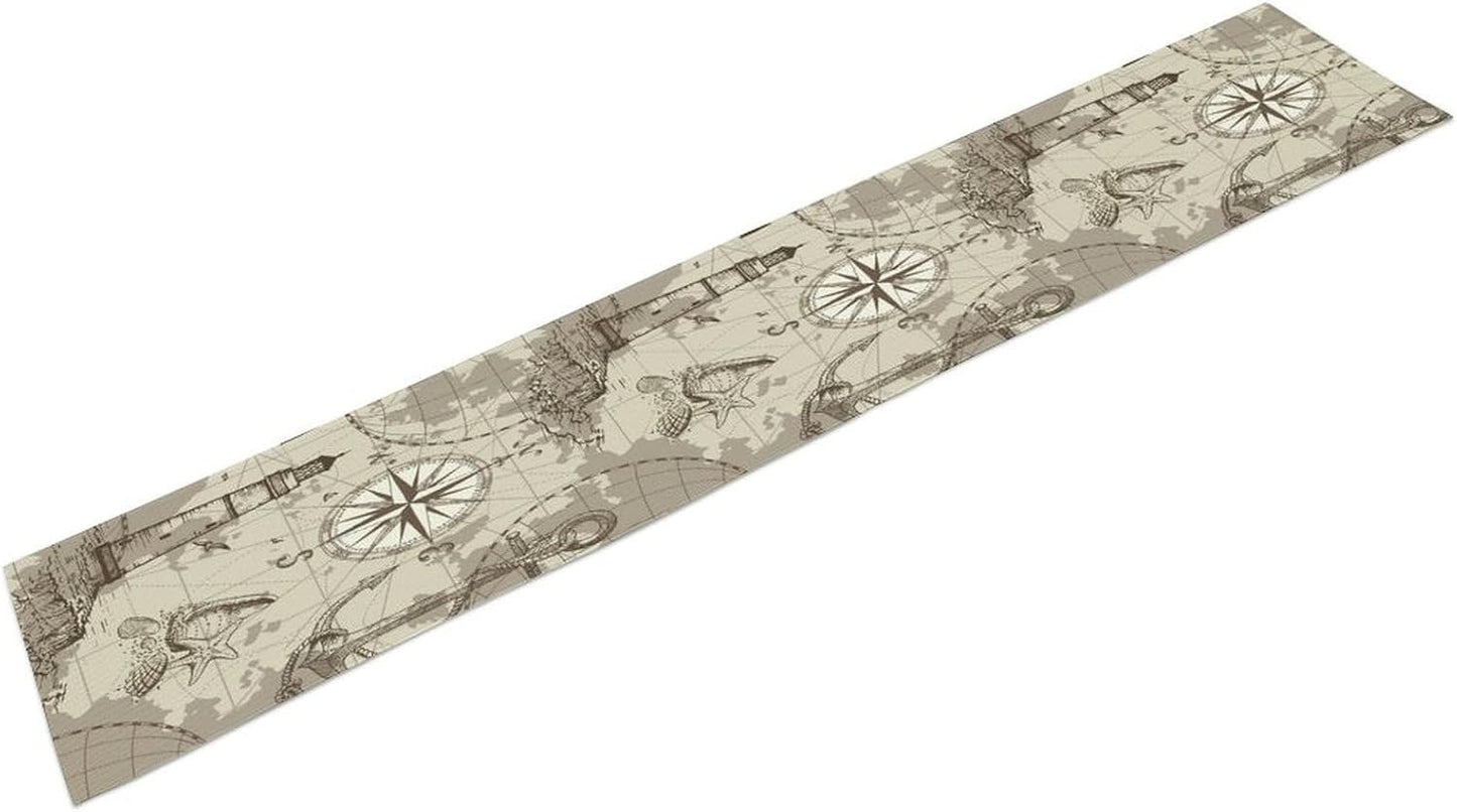 Nautical Sailboat Map Table Runner, Sketch Pirate Ship Wheel Compass Patterns Printed Linen Table Runner for Home