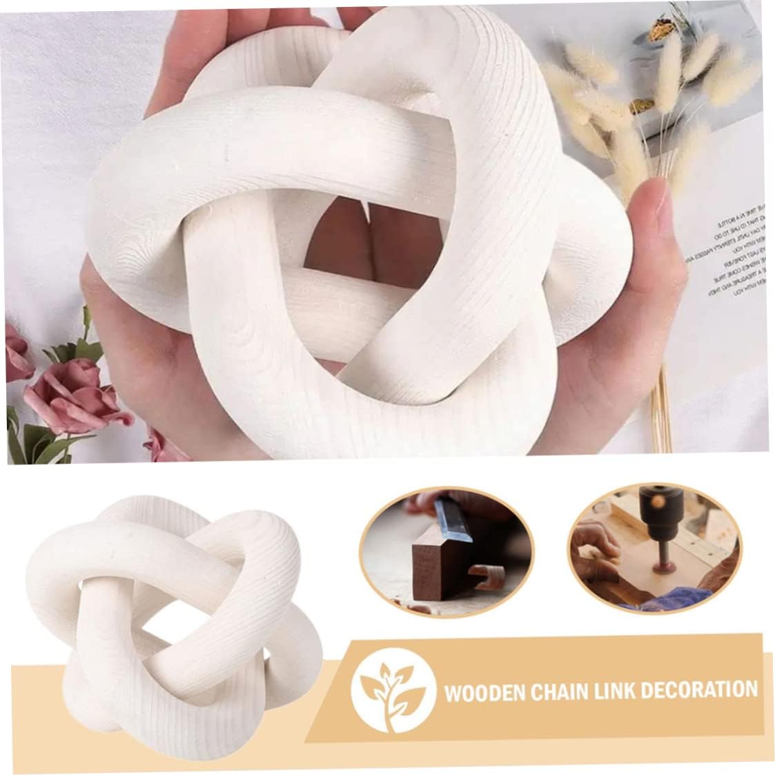 Wood Chain Link Decor 3 Link Wood Knot Decor Carved Decorative Chain Knot / White