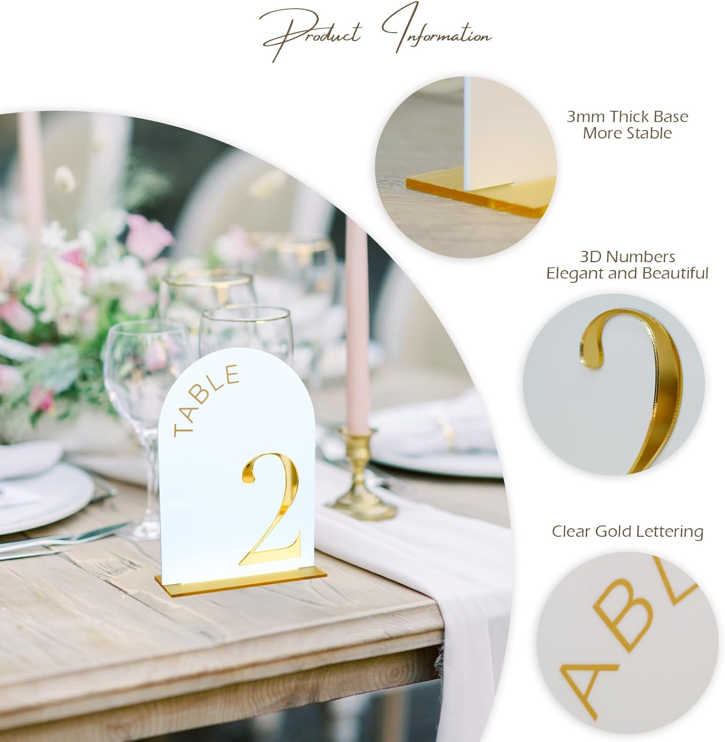 White Arch Wedding Table Numbers 1-20, Gold Numbers and Stands | 20 Pack 5x7 Inch White Arch Acrylic Sign with Raised