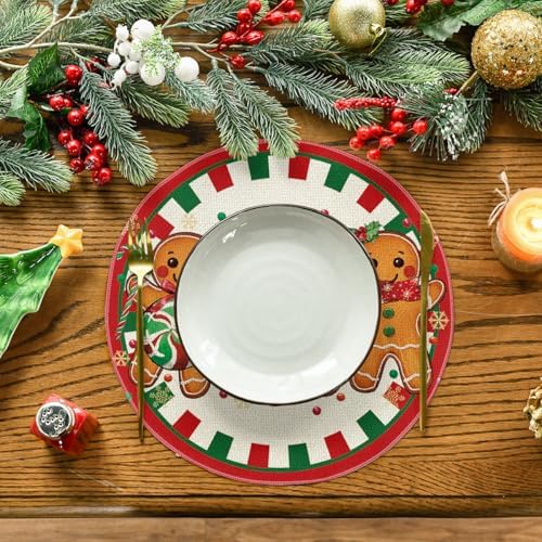 Artoid Mode Gingerbread Candy Cane Merry Christmas Round Placemats Set of 4, 14 Inch Winter Round Table Mats for Dining Decoration