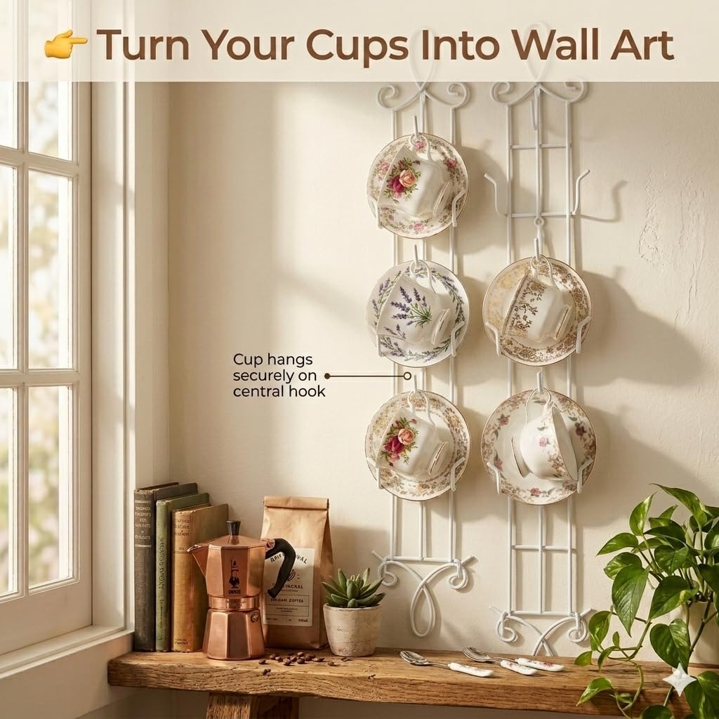 HOHIYA Wall Mount Tea Cup Rack 2 Pack Coffee Mug Organizer White | Organizes teacups, coffee mugs and saucers while
