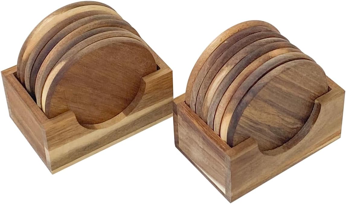 Holder / Acacia Wood Drink Coasters / 3.72 Inch / Set of 8
