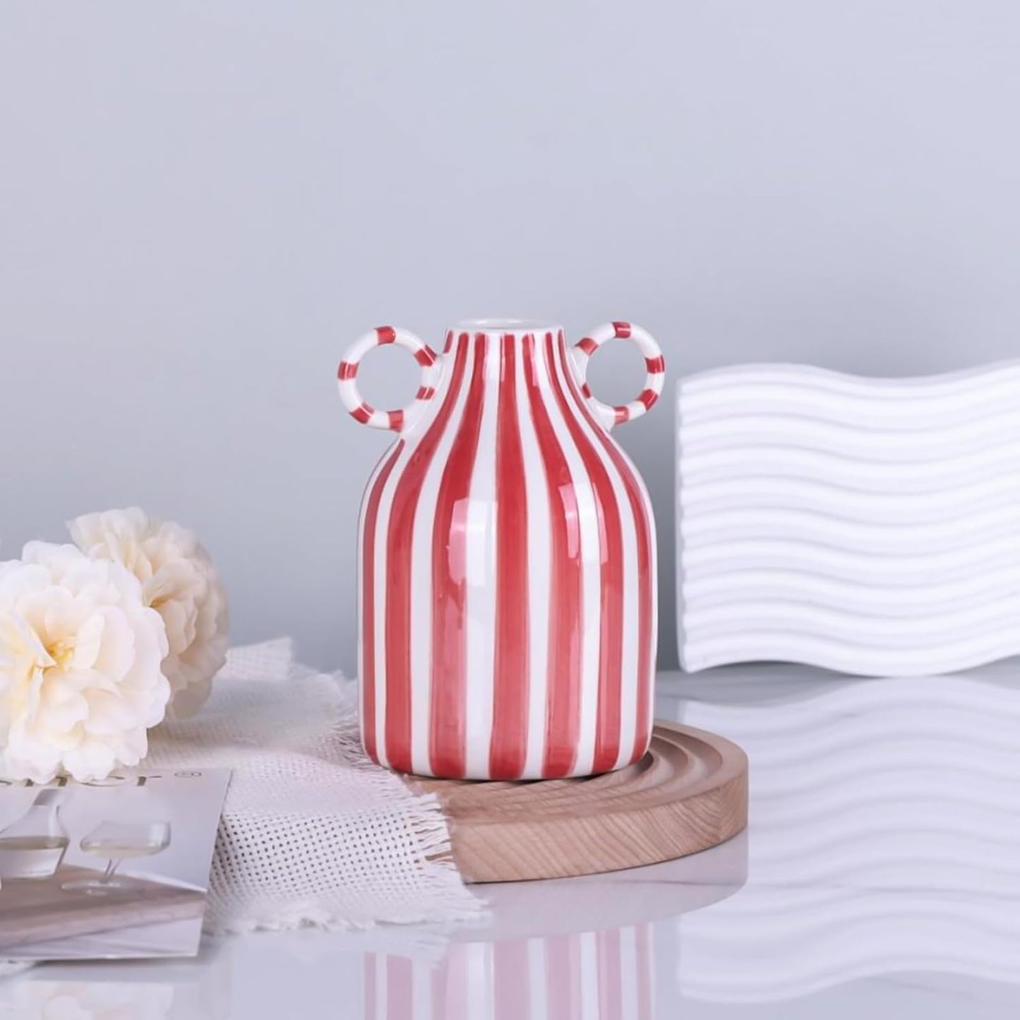 Ceramic Vase / Nordic Boho Small Vases Side Table Flower Centerpiece / Red and White