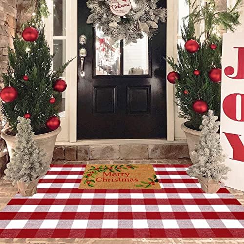 Christmas Red and White Plaid Rug, 4' x 6' Cotton Hand-Woven Layered Door Mat for Front Porch, Entryway, Outdoor Holiday Decor, Washable Buffalo Check Rug for Home, Patio, Kitchen