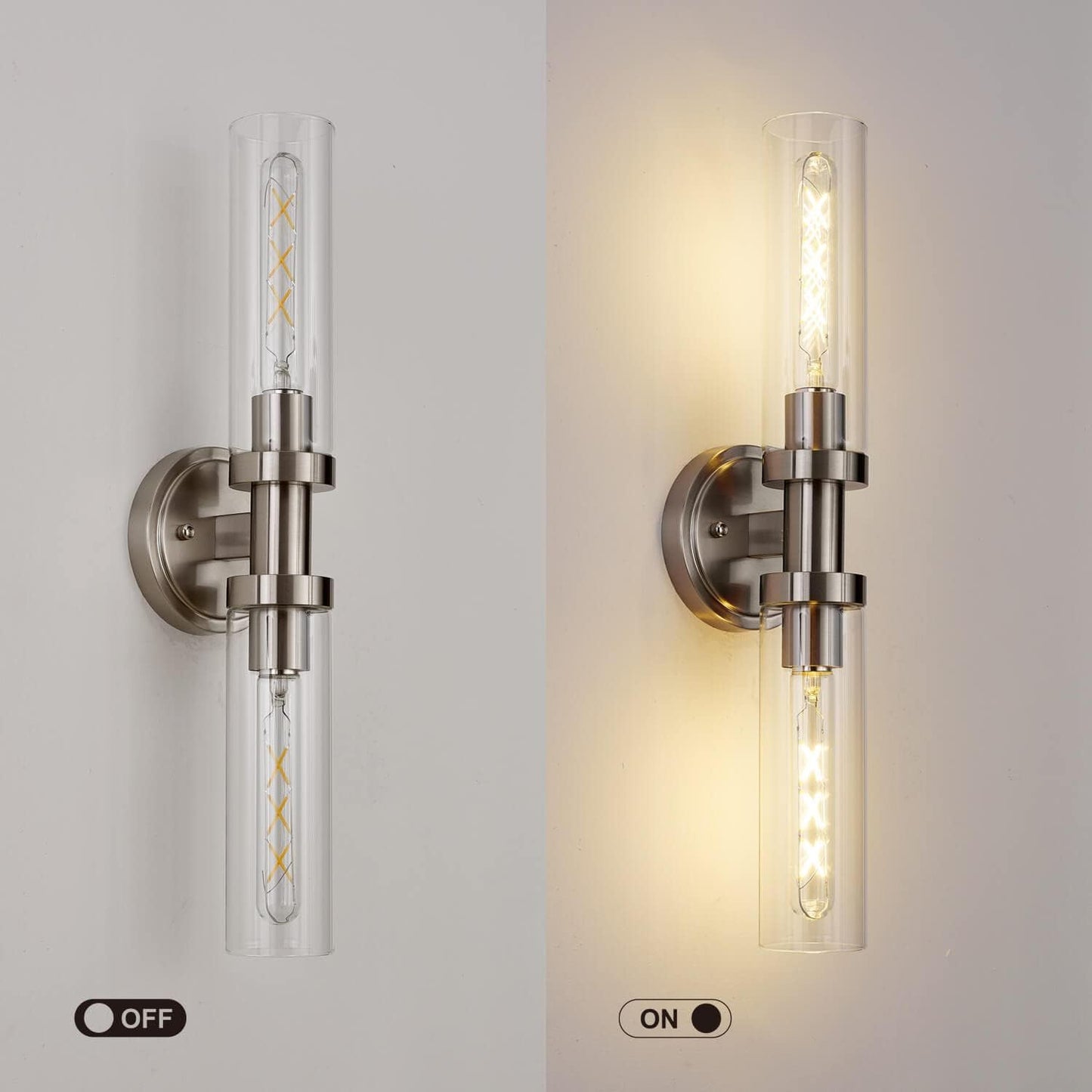 Brushed Nickel 2-Light Bathroom Vanity Light Fixture, Modern Bathroom Sconces Wall Lighting W/Clear Glass Shade