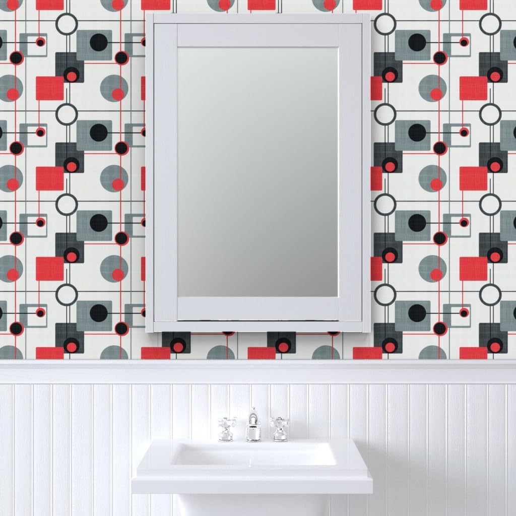 Orbs Squares Black White Vintage Retro Grey Modern Custom Removable Wallpaper / 24 x 72 / Roll / Red