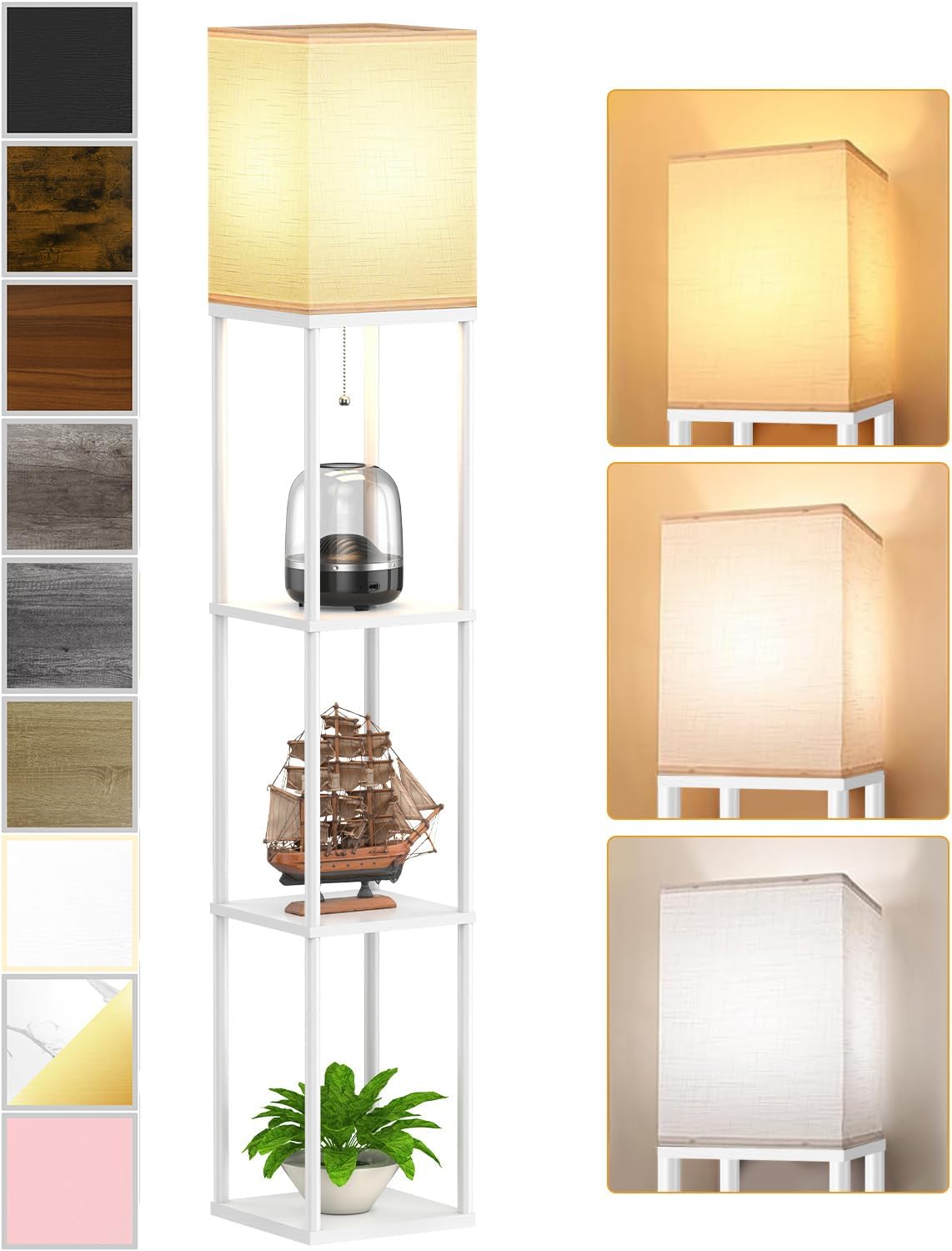 Floor Lamp with Shelves for Living Room White, Shelf Floor Lamp with 3 CCT LED Bulb, Corner Display Standing Column