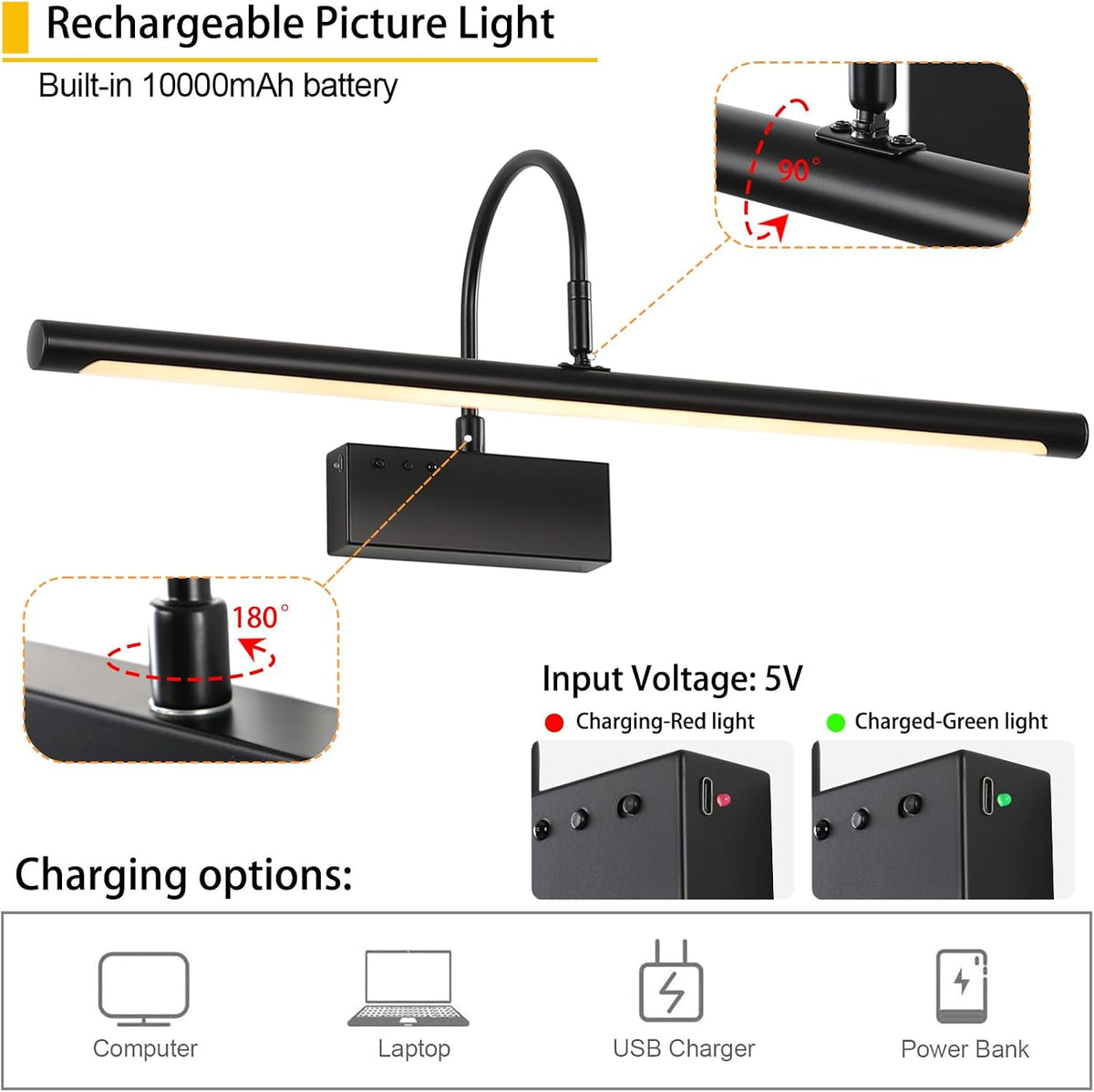 Battery Operated Picture Light with Remote, 24 inch Wireless Rechargeable Art Light with Timer, Dimmable 3CCT Gallery