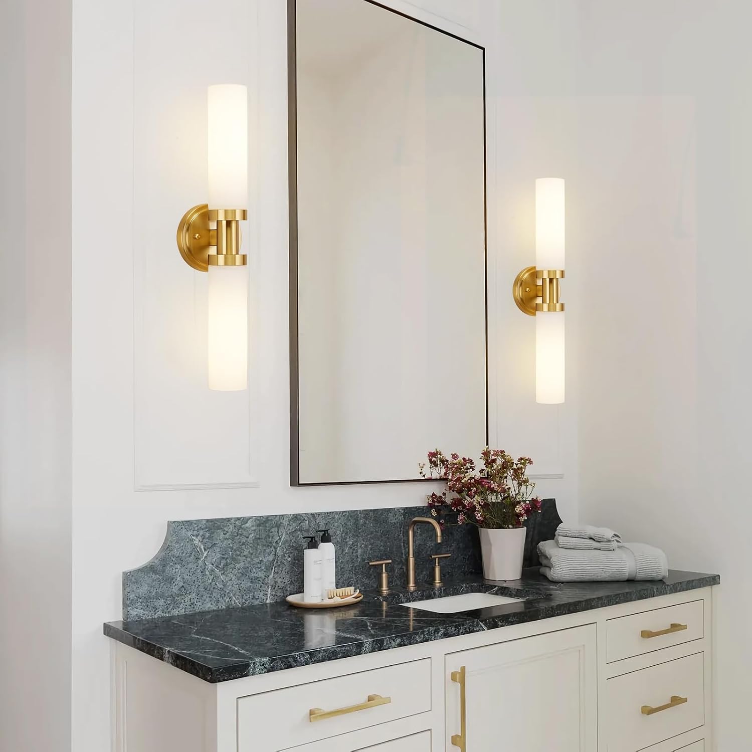Gold Bathroom Light Fixtures Modern Vanity Lights W/White Glass Shade, 2-Light Sconces Wall Lighting for Mirror Kitchen