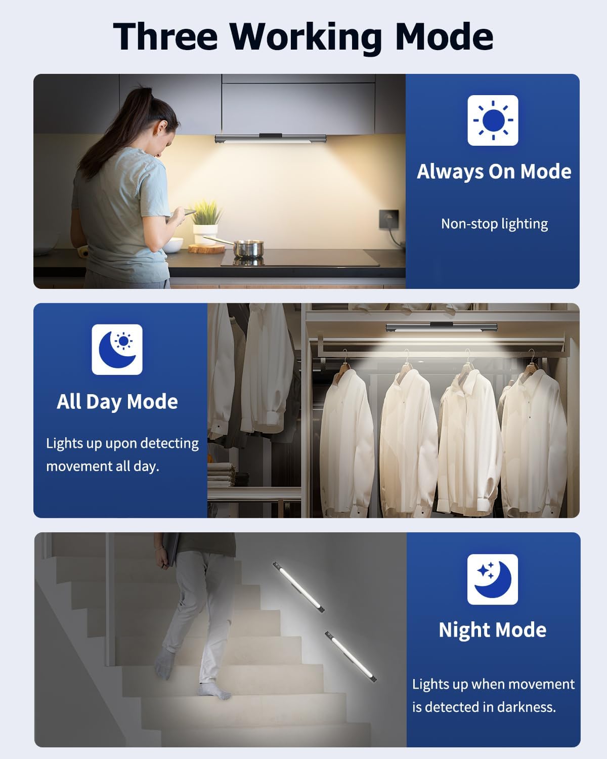 Under Cabinet Lights, 3 Color Dimmable Motion Sensor Light Indoor, 14 Inch Wireless Closet Lights 64 LED with Digital