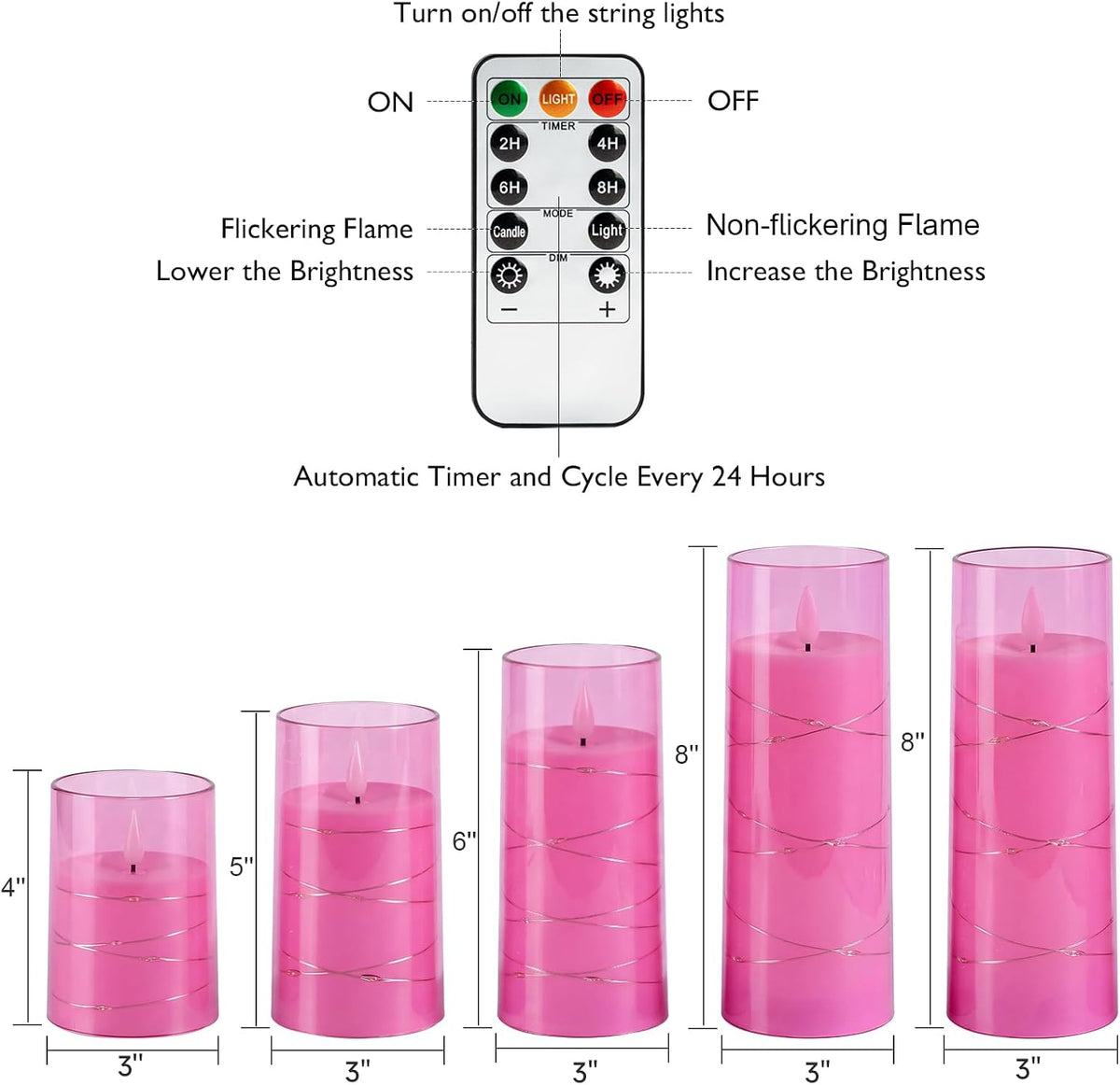 Homemory Flickering Flameless Candles, Pink LED Pillar Candles with Remote | Acrylic Battery Operated Timer Candles