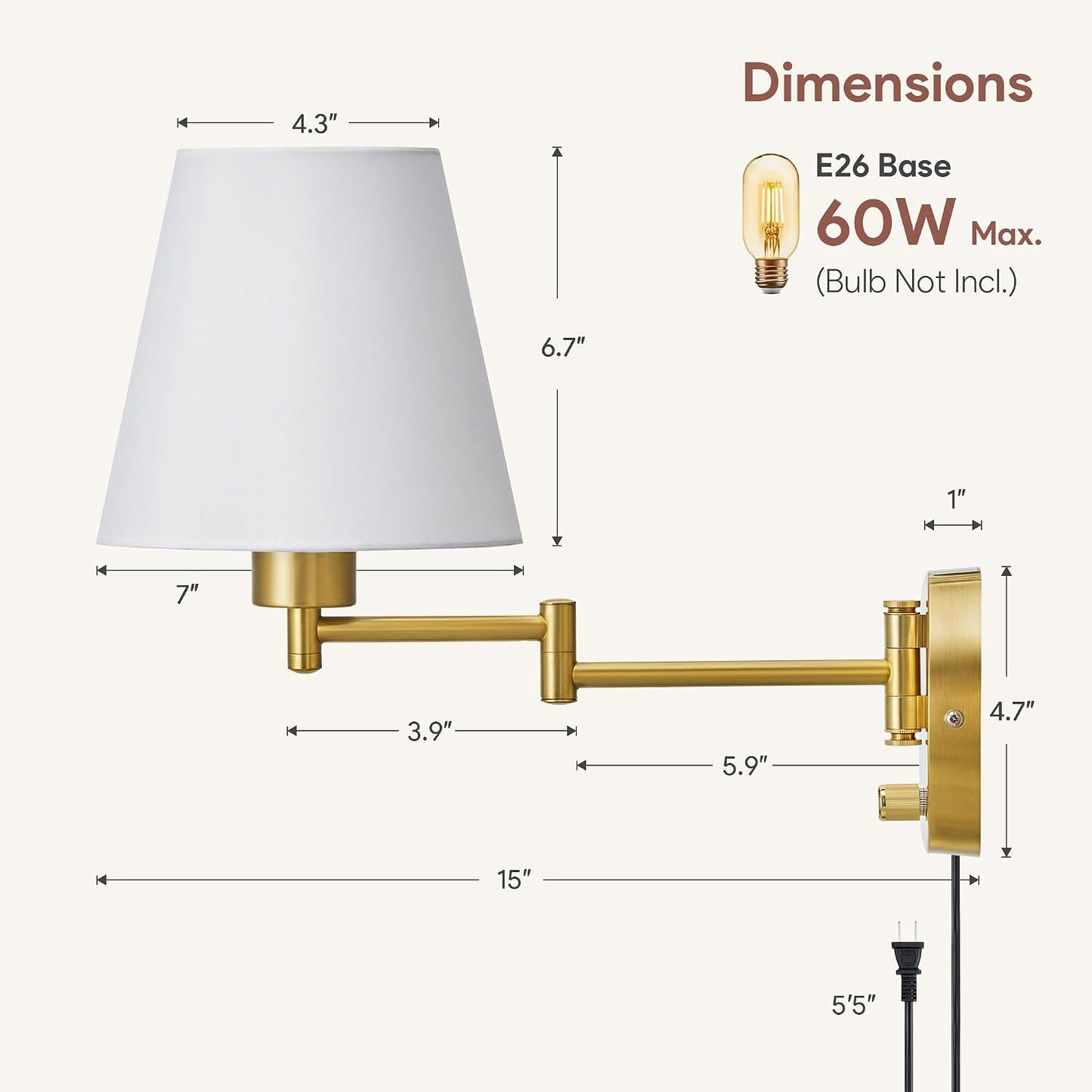 VONLUCE Wall Sconce Set of 2, Plug in & Swing Arm Wall Lamps, Gold Finish | Modern Wall Lights with White Fabric