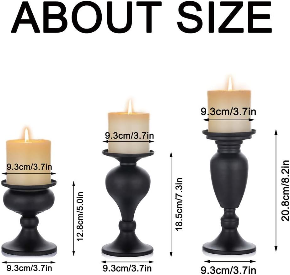 Sziqiqi Metallic Pillar Candleholder Set for Candle Centerpieces, Table Mantel Fireplace Decoration Set of 3