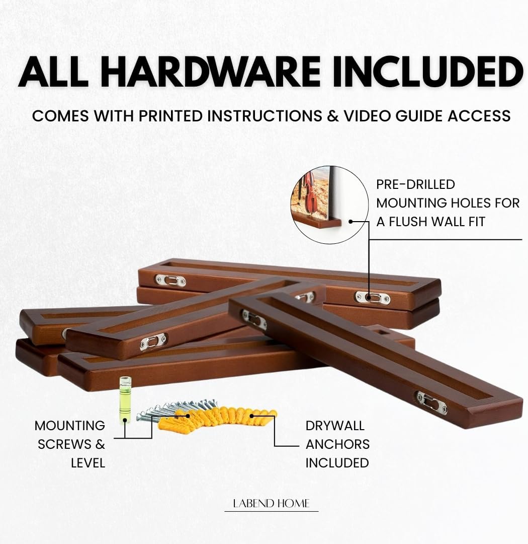 Vinyl Record Display Shelf - Set of 8 Floating LP Album Shelves for Wall Display - Solid Pine Wood - Wall Mount