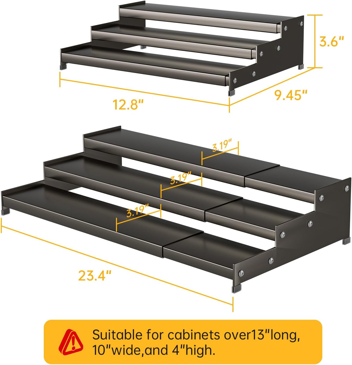 Expandable Carbon Steel Spice Rack Organizer for Pantry, Adjustable 3-Tier Ladder Shelf,Holds Up to 24 Cans,Kitchen