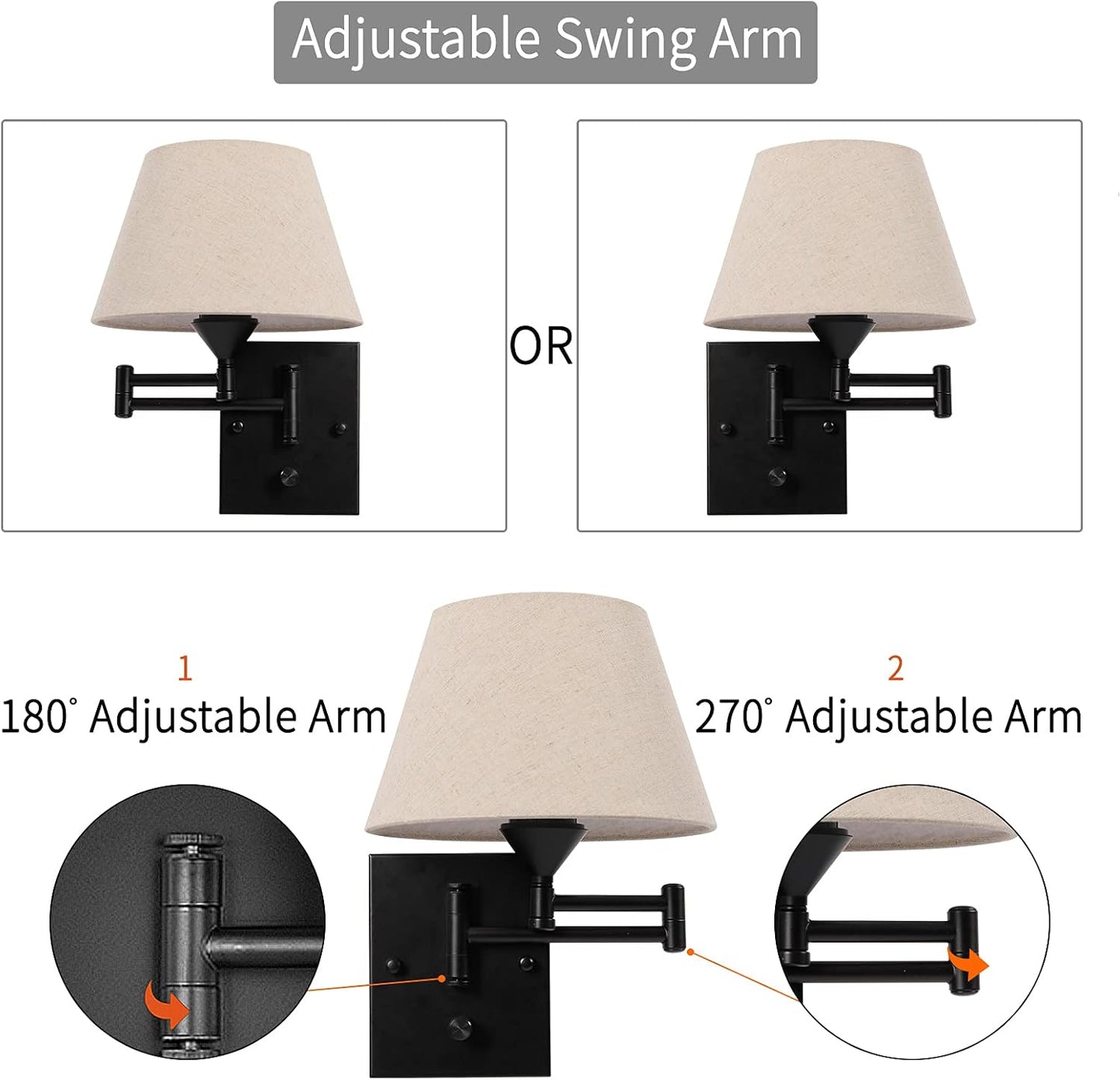Pauwer Plug in Wall Sconce Set of 2, Swing Arm Wall Lamp (Beige Shade) | Fabric Shade, Wall Light Fixtures with Plug in