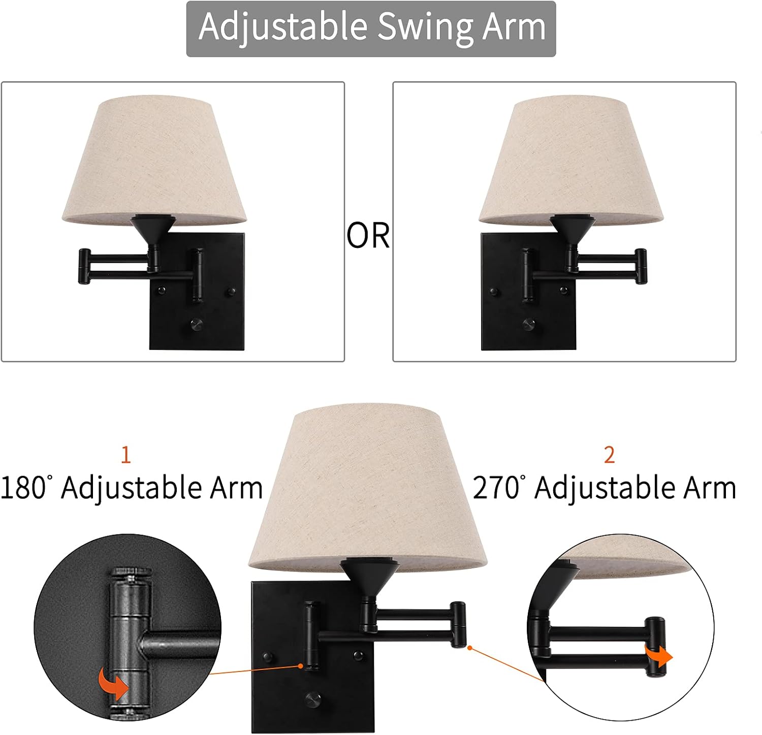 Pauwer Plug in Wall Sconce Set of 2, Swing Arm Wall Lamp (Beige Shade) | Fabric Shade, Wall Light Fixtures with Plug in