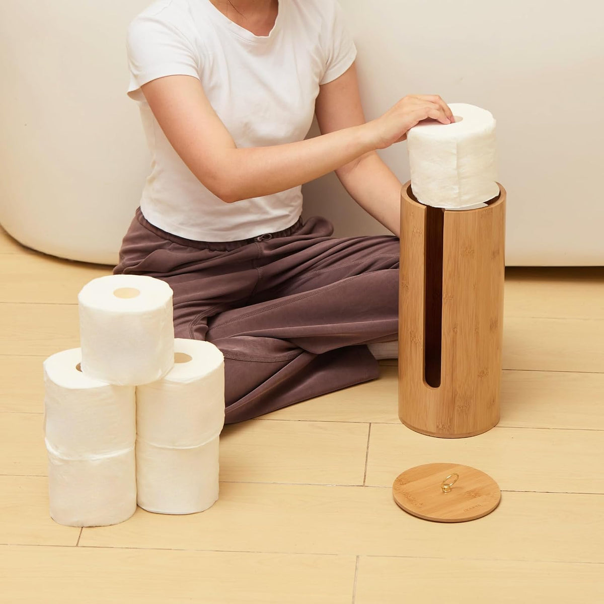 Gobam Bamboo Toilet Paper Storage with Dual-Use Lid, Freestanding Bathroom Tissue Organizer with Viewing Slot, Built-In