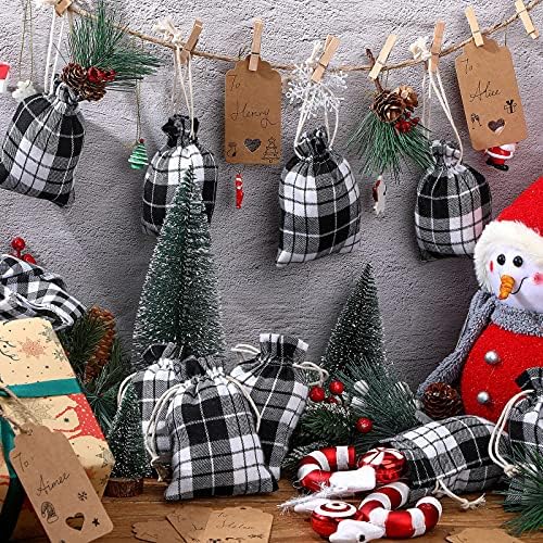 Shappy 24 Pcs Christmas Drawstring Gift Bags Xmas Buffalo Plaid Burlap Advent Bags 5.5 x 4 Inches Linen Treat Candy Bag with 32.8 ft Rope 24 Card(Black White)
